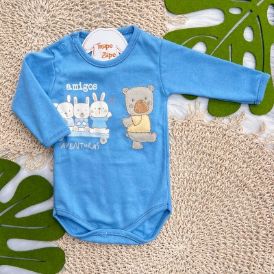 Kit 3 Peças - Bodys Manga Longa Amigos de Aventuras - Azul Jeans, Mescla e Azul Bebê